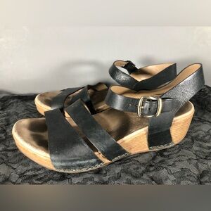 Dansko black leather wedge sandal with buckle